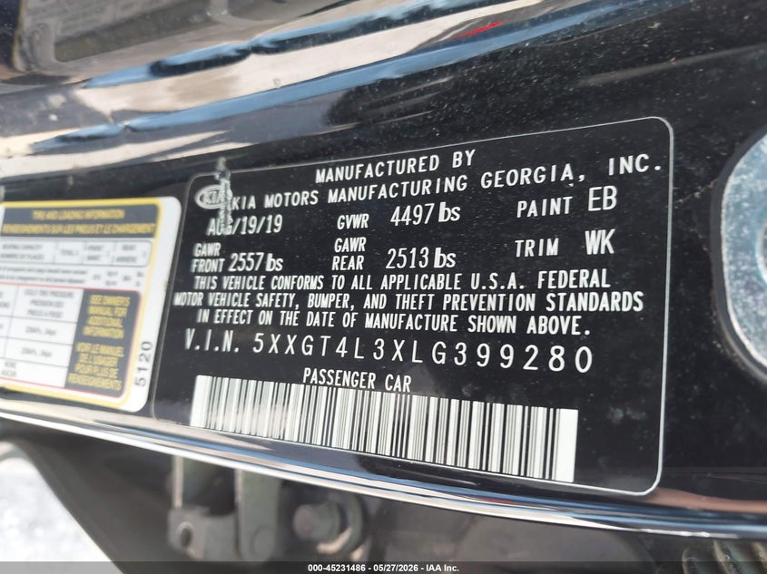 2020 Kia Optima VIN 5XXGT4L3XLG399280 IAAI salvage auction — LEFT SIDE, Salvage (Iowa), sold $2,850 on 2026-07-21 (photo 9)