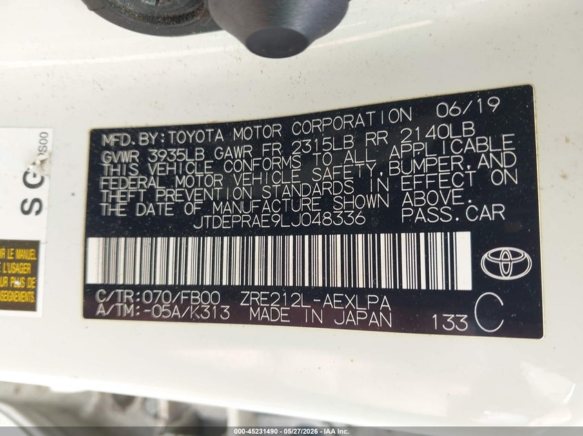 2020 Toyota Corolla VIN JTDEPRAE9LJ048336 IAAI salvage auction — SIDE, Salvage (Georgia), sold $3,650 on 2026-08-02 (photo 9)