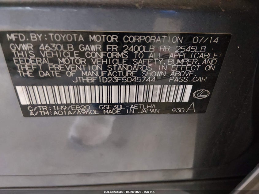 2015 Lexus Is VIN JTHBF1D23F5045744 IAAI salvage auction — FRONT END, Salvage (Tennessee), sold $4,250 on 2026-07-06 (photo 9)