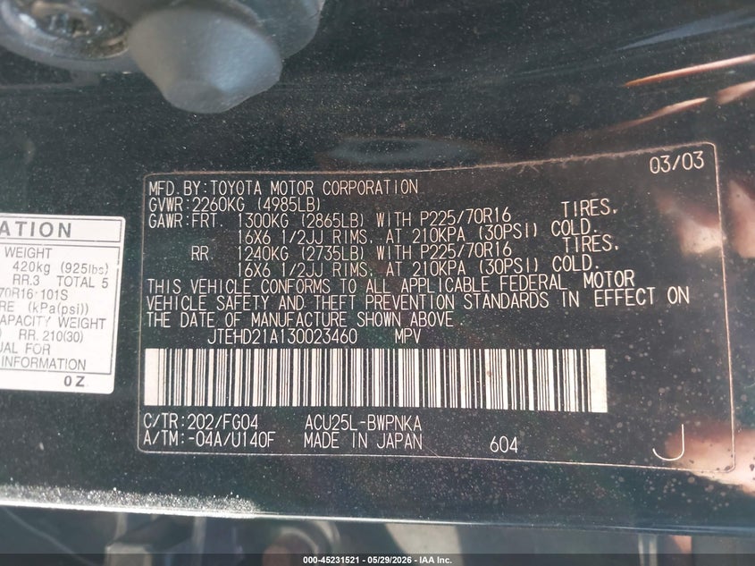 2003 Toyota Highlander VIN JTEHD21A130023460 IAAI salvage auction — ROLLOVER, Non-Repairable (Maryland), sold $525 on 2026-07-10 (photo 9)