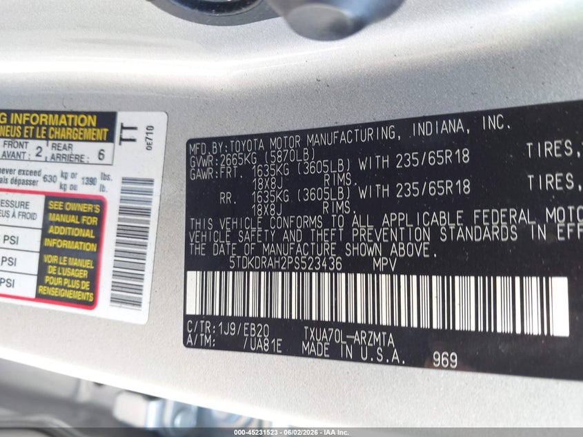 2023 Toyota Highlander VIN 5TDKDRAH2PS523436 IAAI salvage auction — INTERIOR BURN, Salvage Title, sold $12,950 on 2026-07-06 (photo 9)