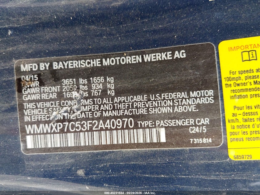 2015 Mini VIN WMWXP7C53F2A40970 IAAI salvage auction — HAIL, Salvage Title, sold $375 on 2026-07-26 (photo 9)