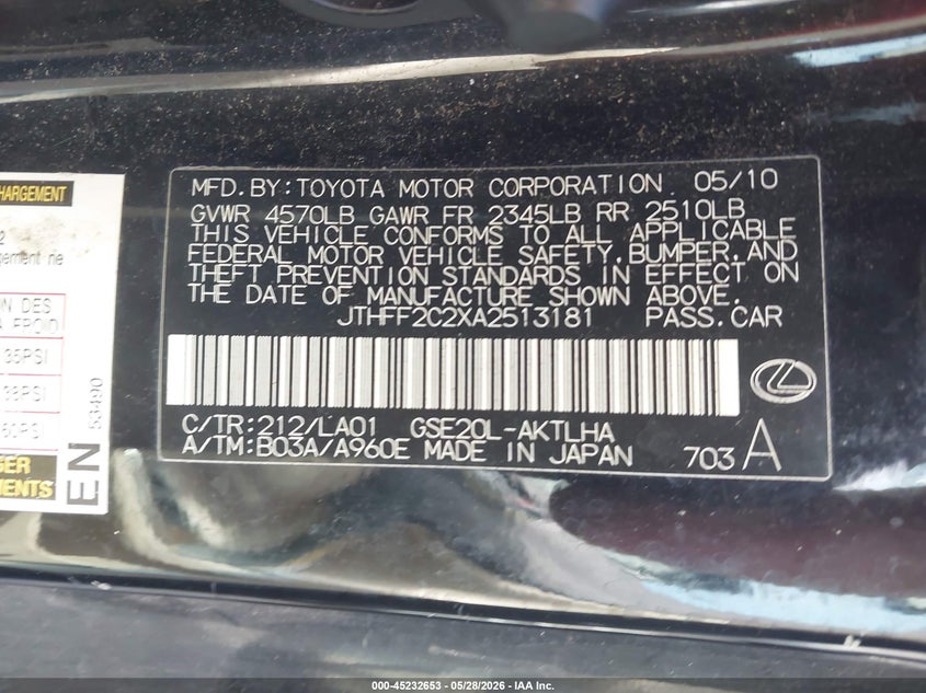 2010 Lexus Is 250c VIN JTHFF2C2XA2513181 IAAI salvage auction — FRONT END, Salvage (Georgia), sold $275 on 2026-07-28 (photo 9)
