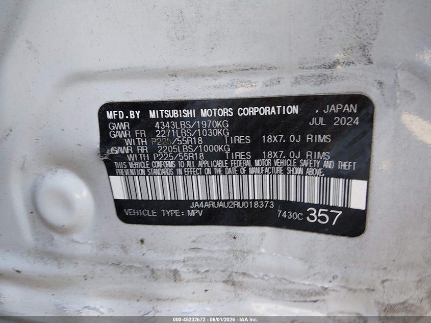 2024 Mitsubishi Outlander VIN JA4ARUAU2RU018373 IAAI salvage auction — FRONT END, Salvage (South Carolina), sold $2,550 on 2026-07-28 (photo 9)
