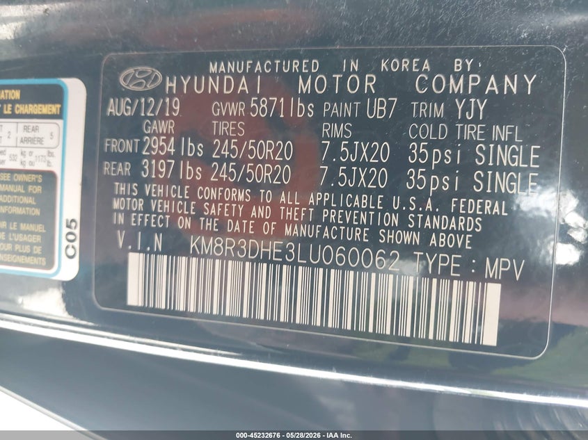 2020 Hyundai Palisade VIN KM8R3DHE3LU060062 IAAI salvage auction — RIGHT FRONT, Mv-907A (New York), sold $2,600 on 2026-07-28 (photo 9)