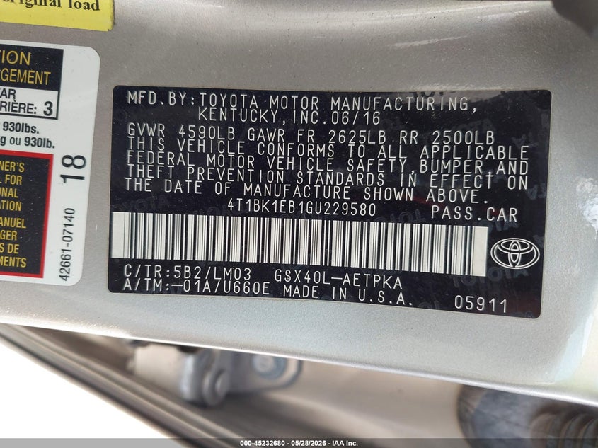 2016 Toyota Avalon VIN 4T1BK1EB1GU229580 IAAI salvage auction — FRONT END, Salvage Title, sold $1,350 on 2026-07-27 (photo 9)