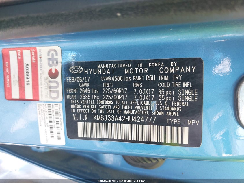 2017 Hyundai Tucson VIN KM8J33A42HU424777 IAAI salvage auction — FRONT END, Salvage (Texas), sold $1,300 on 2026-07-29 (photo 9)