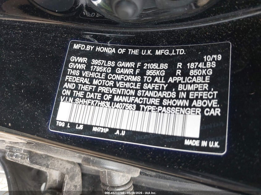 2020 Honda Civic VIN SHHFK7H63LU407563 IAAI salvage auction — FRONT & REAR, Salvage Title, sold $3,800 on 2026-07-19 (photo 9)