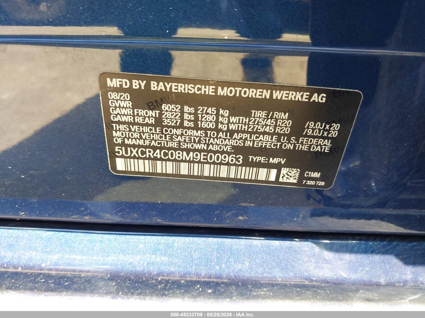 2021 BMW X5 VIN 5UXCR4C08M9E00963 IAAI salvage auction — REAR END, Salvage Title, sold $17,000 on 2026-07-22 (photo 9)