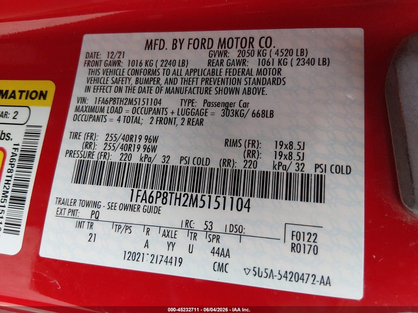 2021 Ford Mustang VIN 1FA6P8TH2M5151104 IAAI salvage auction — HAIL, Salvage Title, sold $12,200 on 2026-07-24 (photo 9)