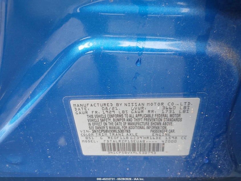 2021 Nissan Kicks VIN 3N1CP5BVXML530793 IAAI salvage auction — ROLLOVER, Salvage (South Carolina), sold $1,400 on 2026-07-29 (photo 9)