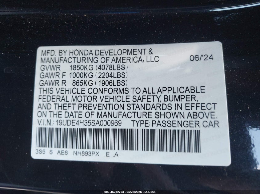2025 Acura Integra VIN 19UDE4H35SA000969 IAAI salvage auction — FRONT END, Salvage Title, sold $7,000 on 2026-07-19 (photo 9)