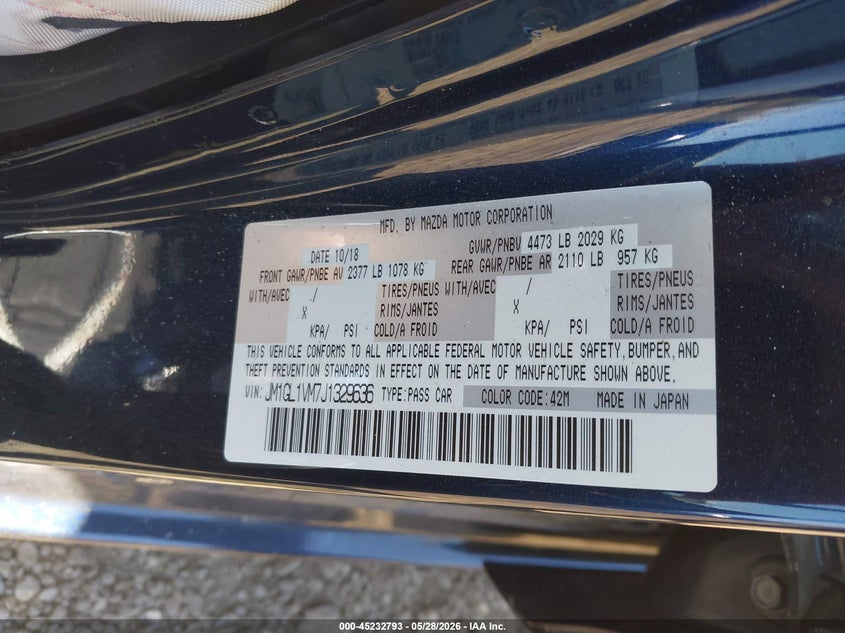 2018 Mazda 6 VIN JM1GL1VM7J1329636 IAAI salvage auction — FRONT END, Salvage Title, sold $400 on 2026-07-08 (photo 9)