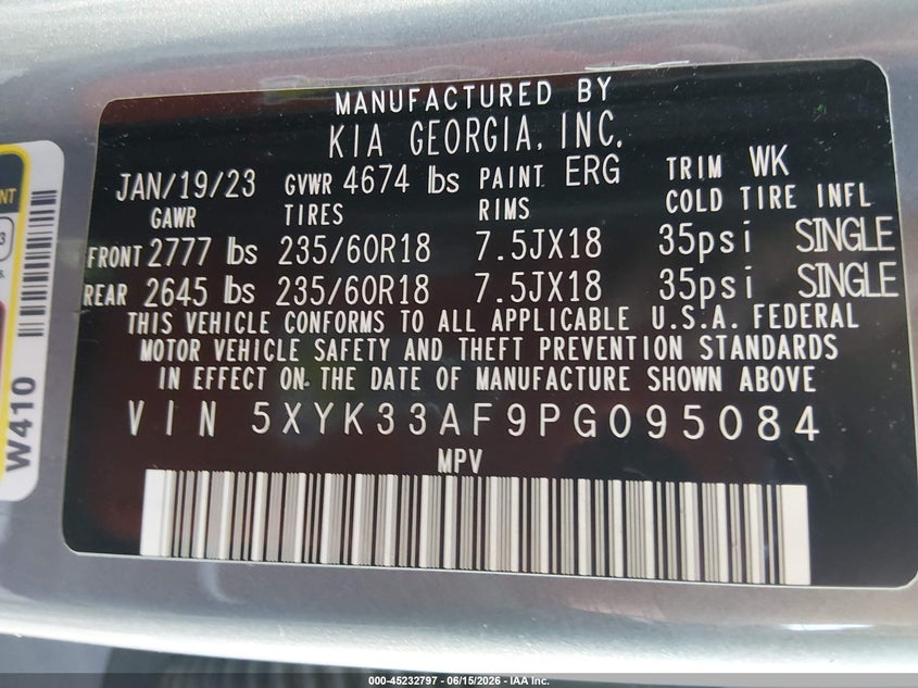 2023 Kia Sportage VIN 5XYK33AF9PG095084 IAAI salvage auction — FRONT END, Salvage (West Virginia), sold $4,750 on 2026-07-22 (photo 9)