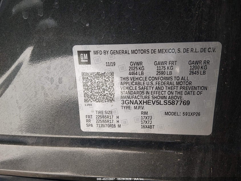 2020 Chevrolet Equinox VIN 3GNAXHEV5LS587769 IAAI salvage auction — FRONT END, Salvage Title, sold $3,750 on 2026-07-22 (photo 9)