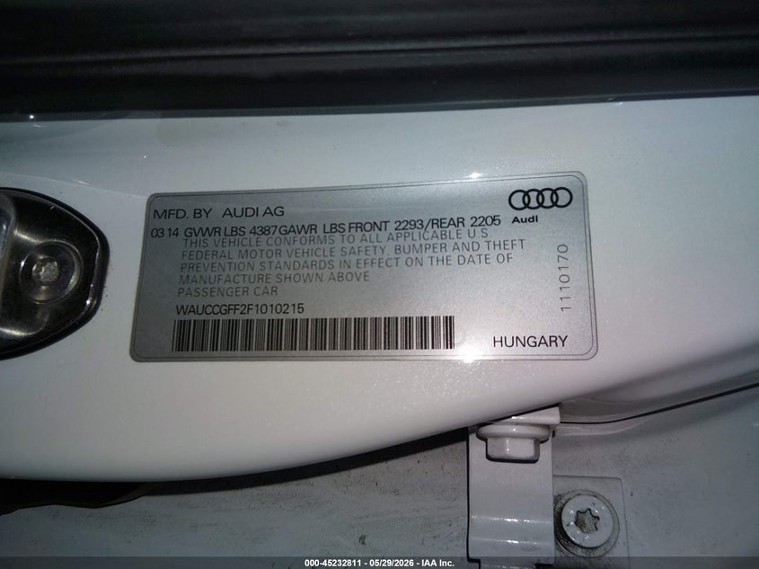 2015 Audi A3 VIN WAUCCGFF2F1010215 IAAI salvage auction — RIGHT SIDE, Salvage (Idaho), sold $2,100 on 2026-07-31 (photo 9)