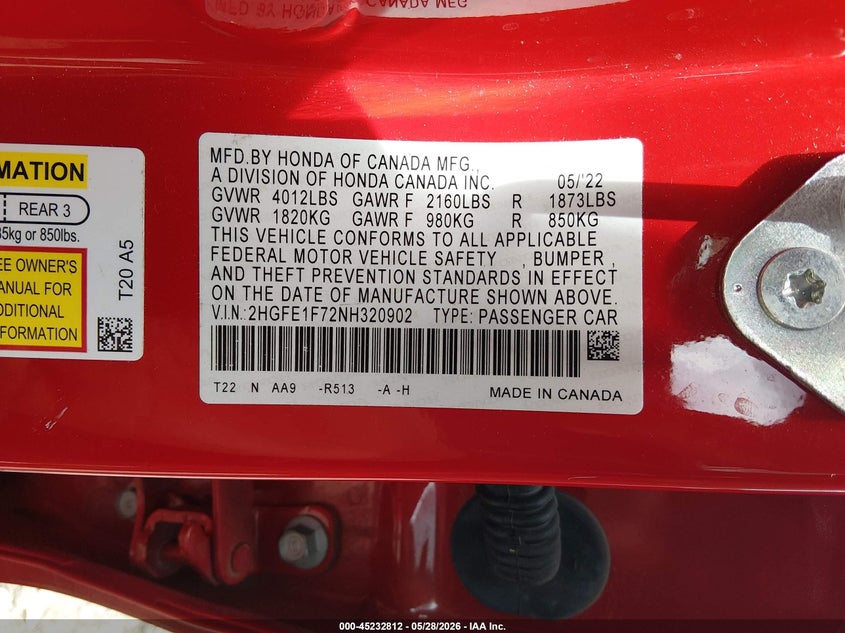 2022 Honda Civic VIN 2HGFE1F72NH320902 IAAI salvage auction — RIGHT SIDE, Salvage Title, sold $7,300 on 2026-07-29 (photo 9)