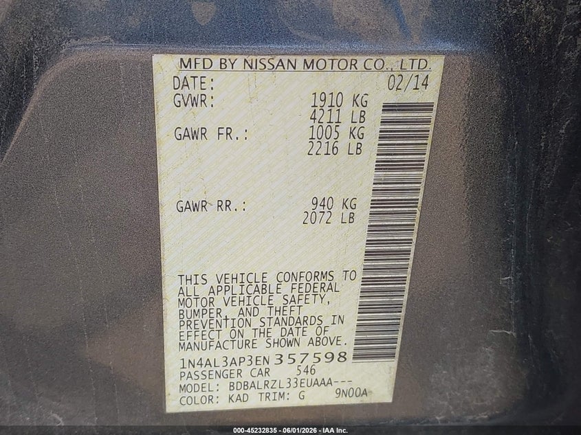 2014 Nissan Altima VIN 1N4AL3AP3EN357598 IAAI salvage auction — RIGHT FRONT, Salvage Title, sold $450 on 2026-07-29 (photo 9)