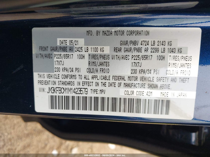 2021 Mazda Cx-5 VIN JM3KFBCM1M1423579 IAAI salvage auction — RIGHT FRONT, Salvage Title, sold $9,000 on 2026-07-08 (photo 9)