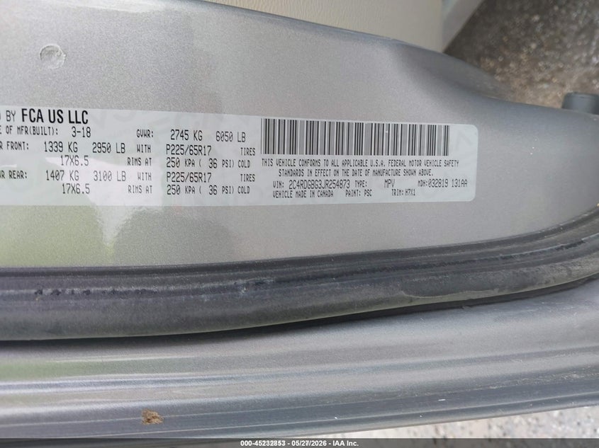 2018 Dodge Grand caravan VIN 2C4RDGBG3JR254873 IAAI salvage auction — NORMAL WEAR, Sf97 (Ohio), sold $18,200 on 2026-07-15 (photo 9)