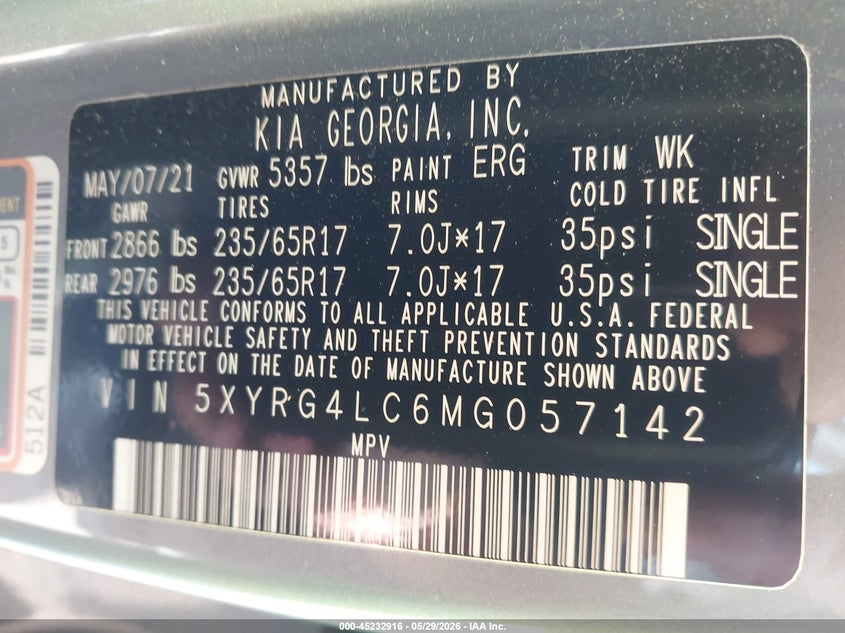 2021 Kia Sorento VIN 5XYRG4LC6MG057142 IAAI salvage auction — FRONT END, Salvage Title, sold $6,600 on 2026-07-14 (photo 9)