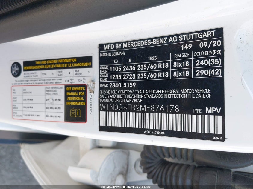 2021 Mercedes-benz Glc VIN W1N0G8EB2MF876178 IAAI salvage auction — THEFT, Salvage Title, sold $6,200 on 2026-07-28 (photo 9)