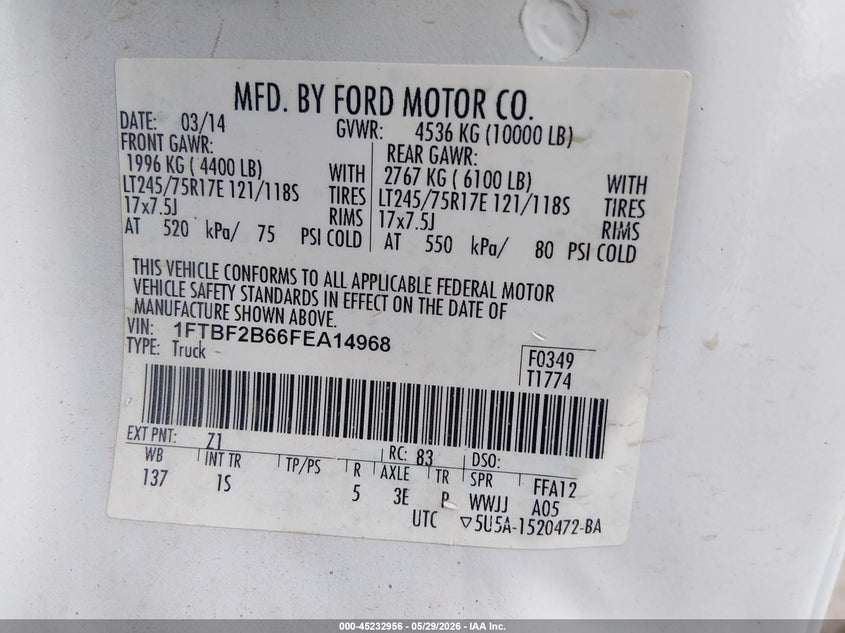 2015 Ford F250 VIN 1FTBF2B66FEA14968 IAAI salvage auction — FRONT & REAR, SF97 (Oklahoma), sold $15,550 on 2026-07-09 (photo 9)