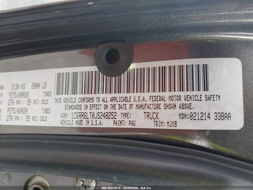 2018 Ram 1500 VIN 1C6RR6LT0JS248252 IAAI salvage auction — FRONT END, Salvage Title, sold $4,050 on 2026-07-18 (photo 9)