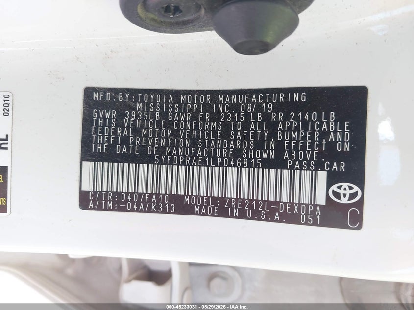 2020 Toyota Corolla VIN 5YFDPRAE1LP046815 IAAI salvage auction — RIGHT FRONT, Original (Texas), sold $5,250 on 2026-07-13 (photo 9)