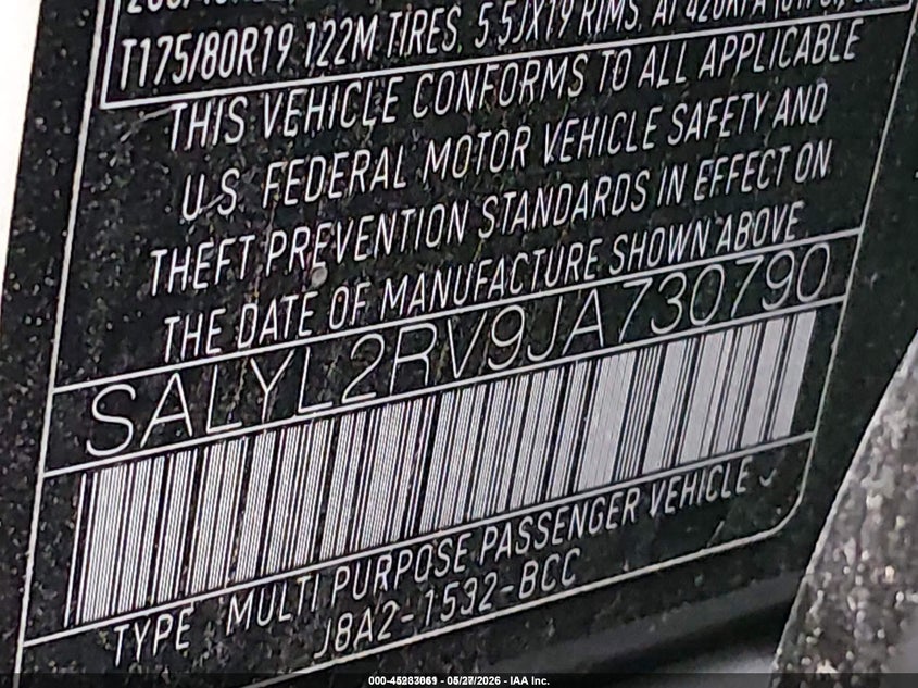 2018 Land rover Range rover velar VIN SALYL2RV9JA730790 IAAI salvage auction — LEFT REAR, Salvage (Idaho), sold $8,200 on 2026-07-14 (photo 9)