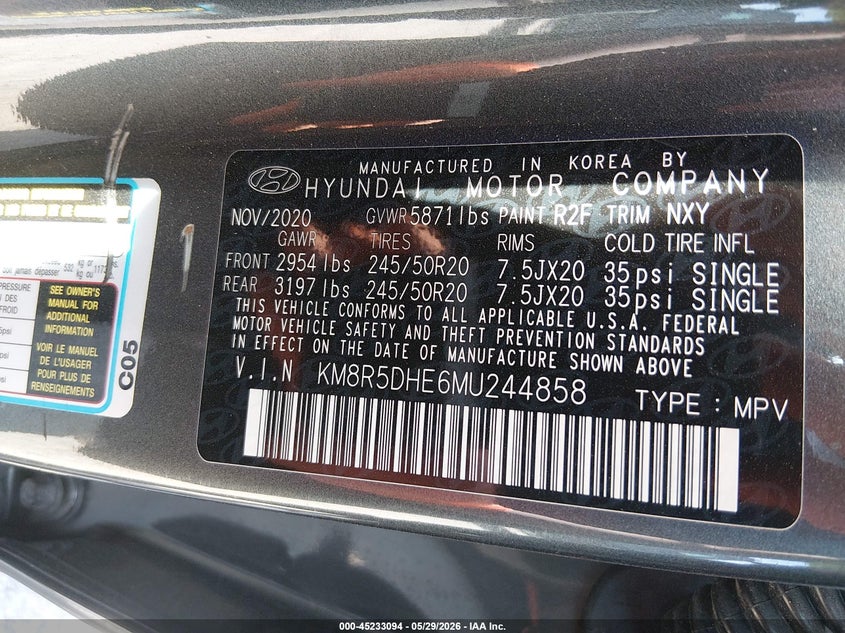 2021 Hyundai Palisade VIN KM8R5DHE6MU244858 IAAI salvage auction — LEFT FRONT, Salvage Title, sold $5,800 on 2026-07-28 (photo 9)