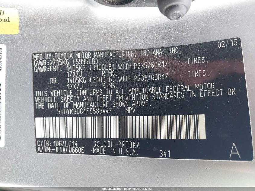 2015 Toyota Sienna VIN 5TDYK3DC4FS585447 IAAI salvage auction — HAIL, Original (Texas), sold $3,150 on 2026-07-09 (photo 9)