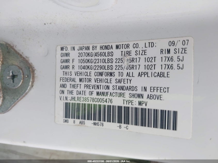 2008 Honda Cr-v VIN JHLRE38578C005476 IAAI salvage auction — REAR END, Salvage (Alabama), sold $650 on 2026-07-12 (photo 9)
