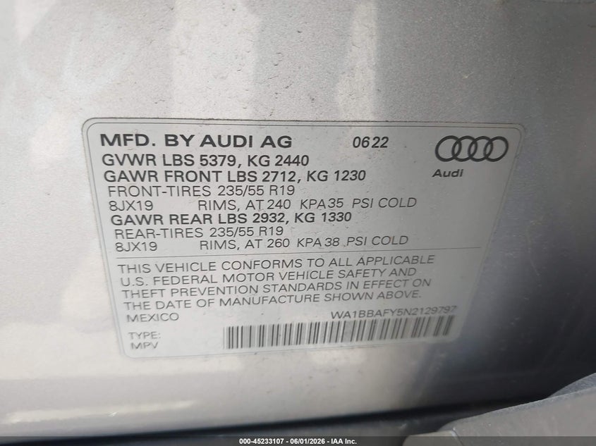 2022 Audi Q5 VIN WA1BBAFY5N2129797 IAAI salvage auction — REAR END, Salvage - 75% Or Less (Maryland), sold $16,700 on 2026-07-29 (photo 9)