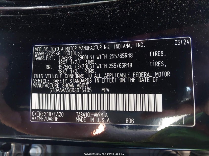 2024 Toyota Highlander VIN 5TDAAAA56RS015405 IAAI salvage auction — RIGHT FRONT, Salvage Title, sold $27,500 on 2026-07-08 (photo 9)