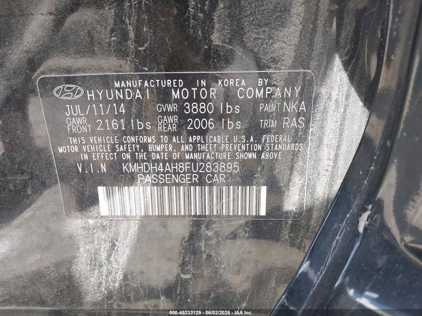 2015 Hyundai Elantra VIN KMHDH4AH8FU283895 IAAI salvage auction — LEFT SIDE, Salvage Title, sold $525 on 2026-07-15 (photo 9)