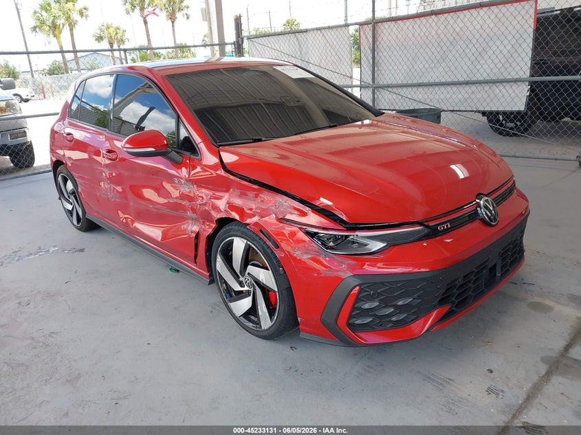 2026 Volkswagen Golf gti VIN WVWLE7CDXTW163813 IAAI salvage auction — SIDE, Rebuildable (Florida), sold $12,250 on 2026-07-29 (photo 1)
