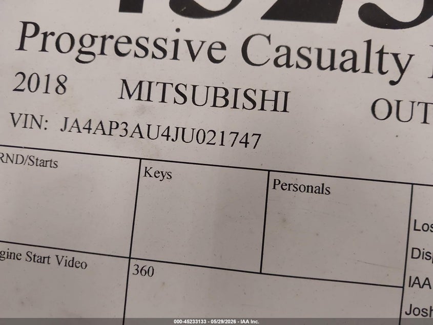 2018 Mitsubishi Outlander VIN JA4AP3AU4JU021747 IAAI salvage auction — INTERIOR BURN, Salvage Title, sold $25 on 2026-07-22 (photo 9)
