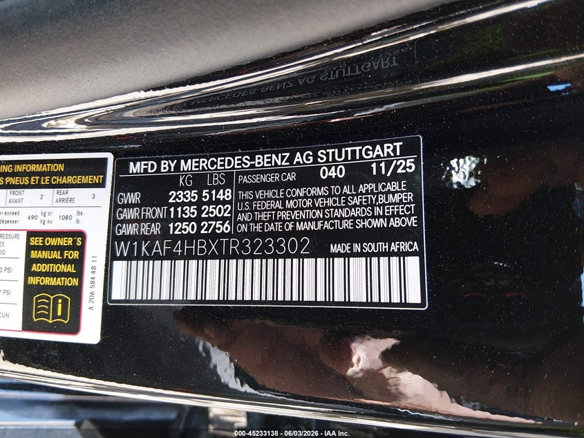 2026 Mercedes-benz C-klasse VIN W1KAF4HBXTR323302 IAAI salvage auction — FRONT END, Salvage Title, sold $24,400 on 2026-07-24 (photo 9)