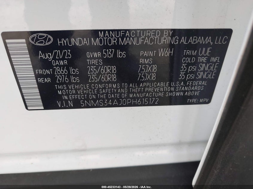 2023 Hyundai Santa fe VIN 5NMS34AJ0PH615172 IAAI salvage auction — FRONT END, Salvage (Georgia), sold $9,400 on 2026-08-27 (photo 9)