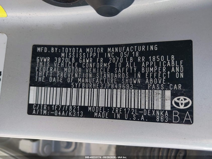 2018 Toyota Corolla VIN 5YFBURHE3JP849693 IAAI salvage auction — RIGHT FRONT, Salvage (Texas), sold $3,350 on 2026-07-07 (photo 9)