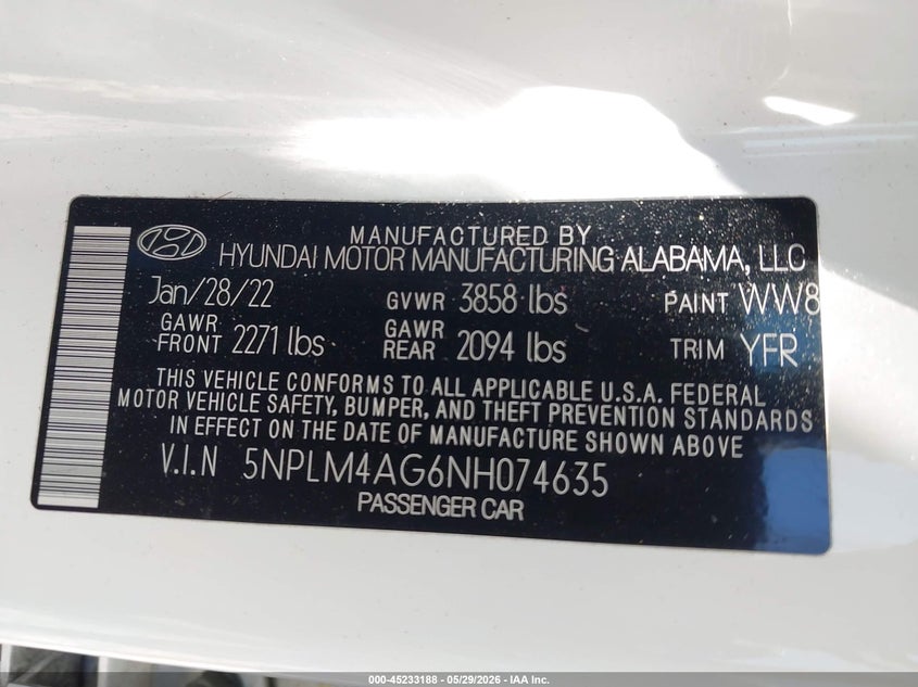 2022 Hyundai Elantra VIN 5NPLM4AG6NH074635 IAAI salvage auction — FRONT END, Salvage Title, sold $3,850 on 2026-07-21 (photo 9)