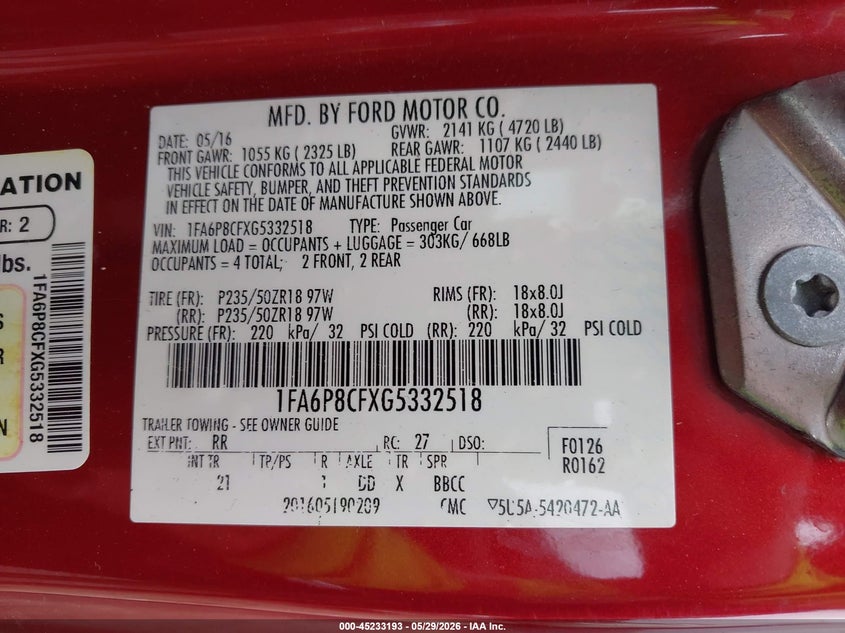 2016 Ford Mustang VIN 1FA6P8CFXG5332518 IAAI salvage auction — FRONT END, Salvage Title, sold $2,800 on 2026-07-26 (photo 9)
