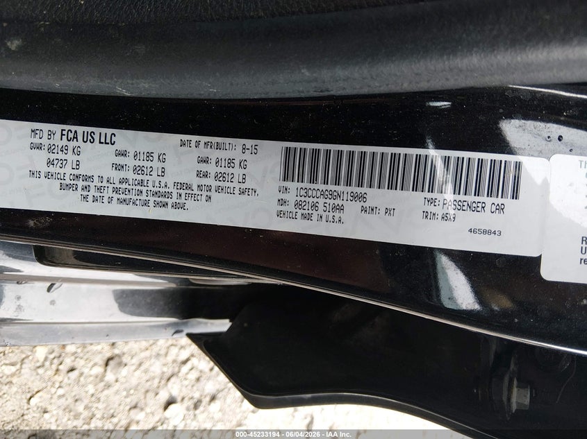 2016 Chrysler 200 VIN 1C3CCCAG9GN119006 IAAI salvage auction — LEFT & RIGHT, Salvage Title, sold $475 on 2026-07-29 (photo 9)