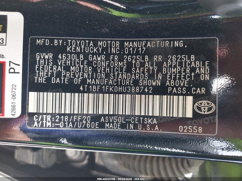2017 Toyota Camry VIN 4T1BF1FK0HU388742 IAAI salvage auction — REAR END, Salvage Title, sold $1,900 on 2026-07-22 (photo 9)