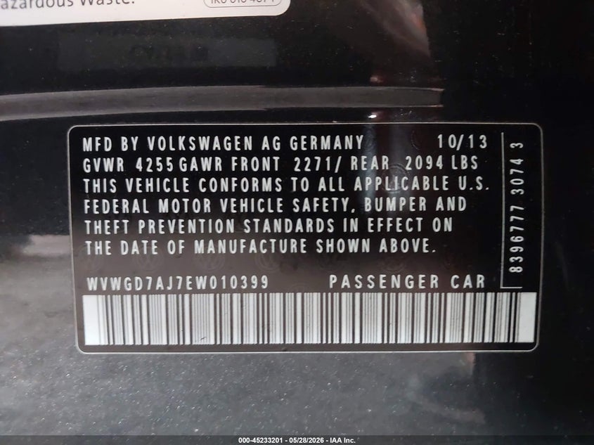 2014 Volkswagen Gti VIN WVWGD7AJ7EW010399 IAAI salvage auction — FRONT & REAR, Salvage Title, sold $2,775 on 2026-08-04 (photo 9)