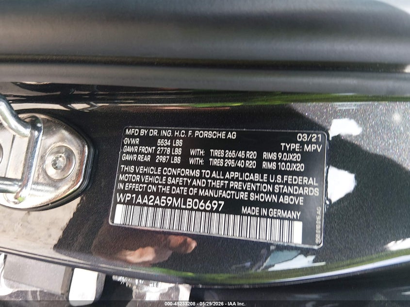 2021 Porsche Macan VIN WP1AA2A59MLB06697 IAAI salvage auction — FRONT END, Salvage Title, sold $16,300 on 2026-07-09 (photo 9)