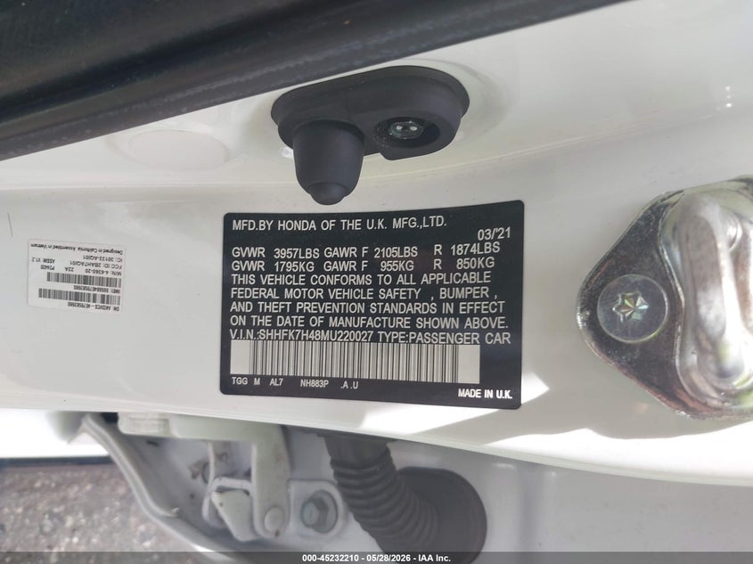 2021 Honda Civic VIN SHHFK7H48MU220027 IAAI salvage auction — REAR END, Salvage Title, sold $2,400 on 2026-07-14 (photo 9)
