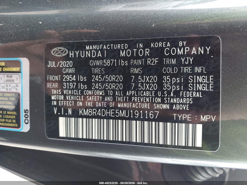 2021 Hyundai Palisade VIN KM8R4DHE5MU191167 IAAI salvage auction — LEFT FRONT, Salvage Title, sold $7,800 on 2026-07-16 (photo 9)