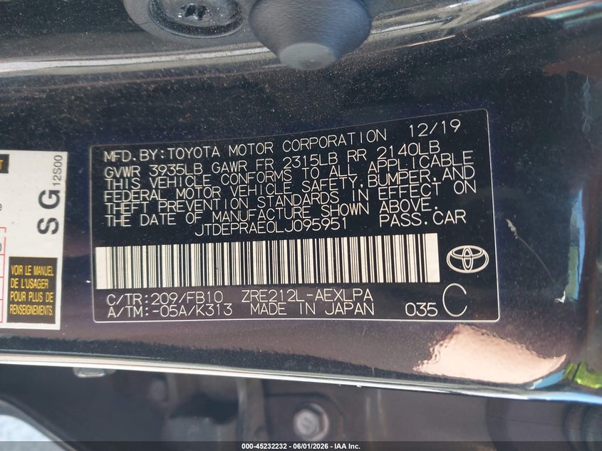 2020 Toyota Corolla VIN JTDEPRAE0LJ095951 IAAI salvage auction — LEFT SIDE, Mv-907A (New York), sold $5,000 on 2026-07-24 (photo 9)